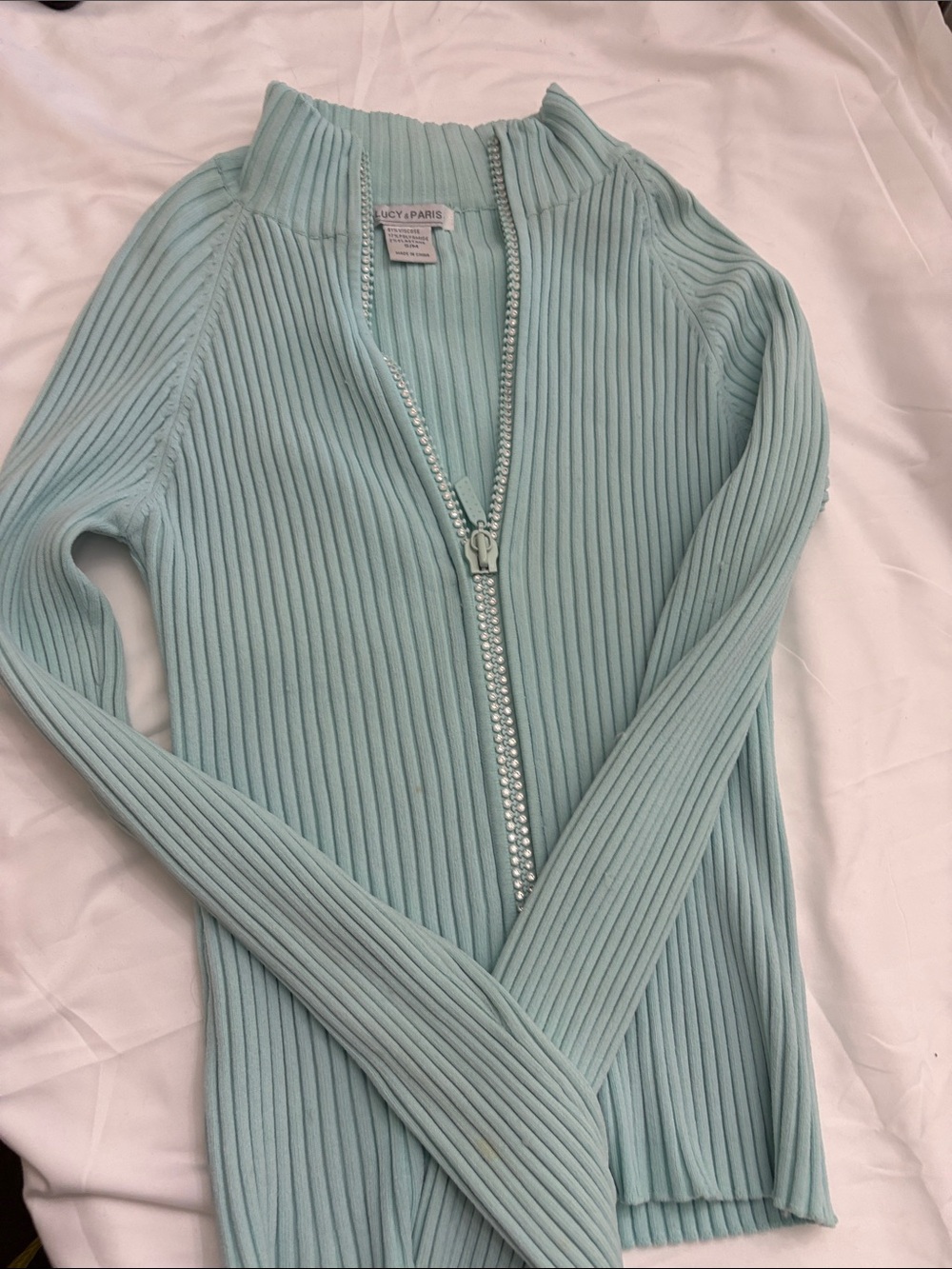 Lucy Paris Ribbed Zip-Up Sweater in Light Aqua